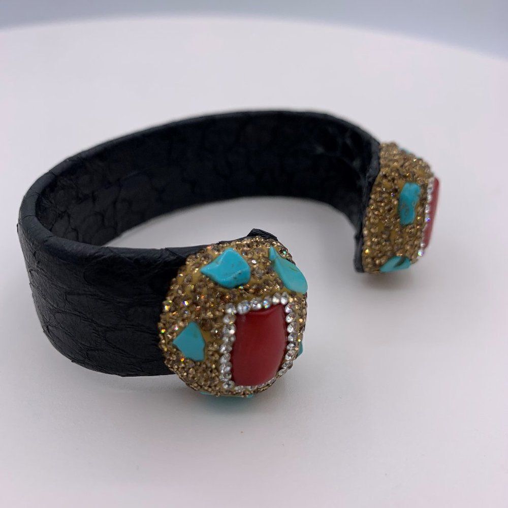 Bracelet, NWOT, real coral and turquoise, snake skin wrapped, adjustable size